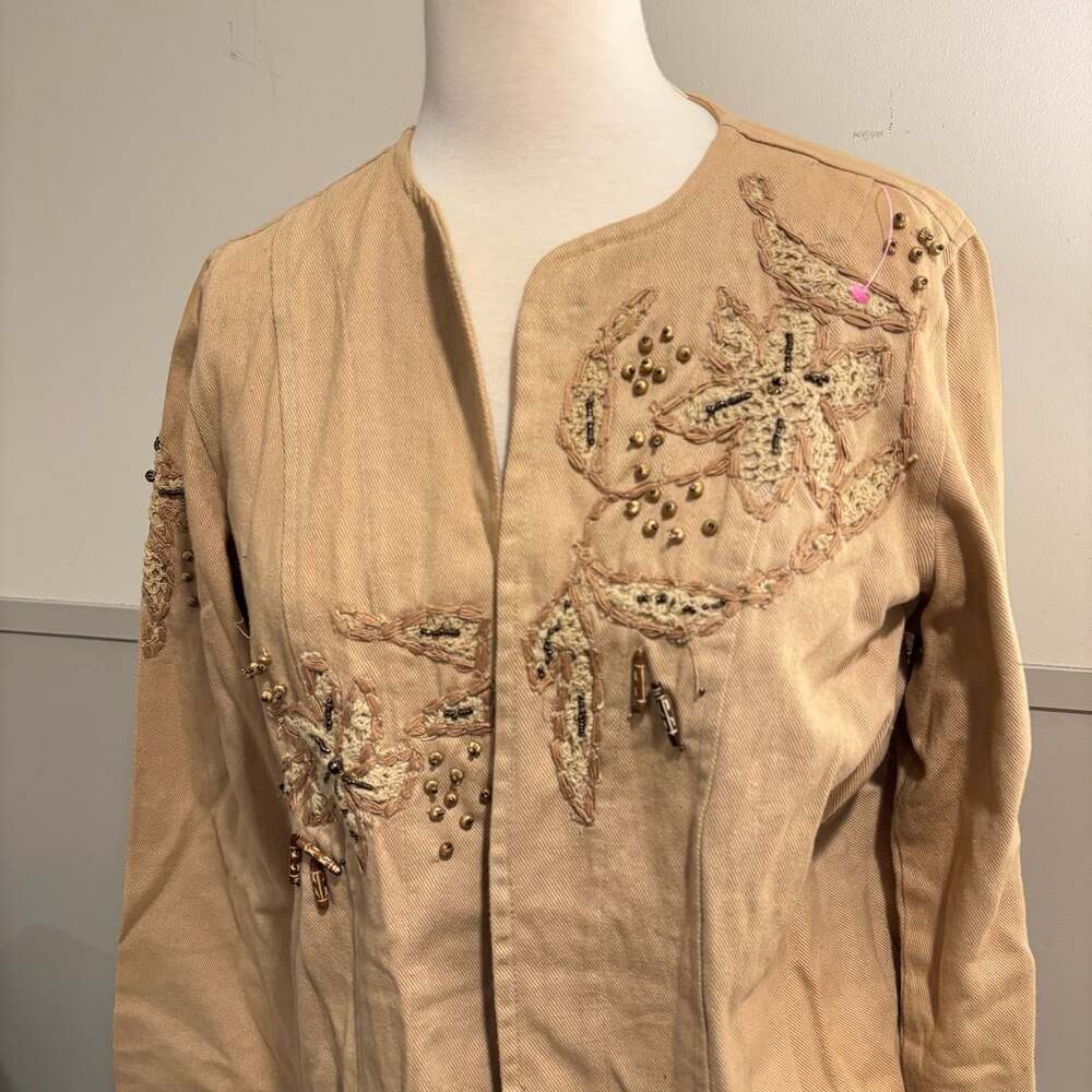 Laura Ashley Embroidered Beaded Linen Jacket Tan Size S - Picture 3 of 13